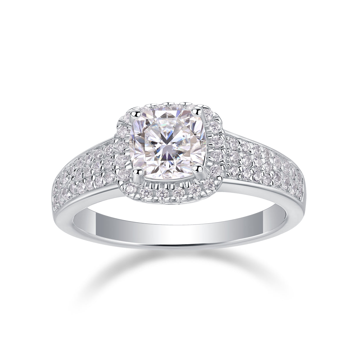 CARISSIE cushion moissanite halo wedding band front view, featuring large center stone surrounded by two rows of accent stones