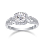 CARISSIE cushion moissanite halo ring front view, displaying symmetrical double halo design and polished white metal finish