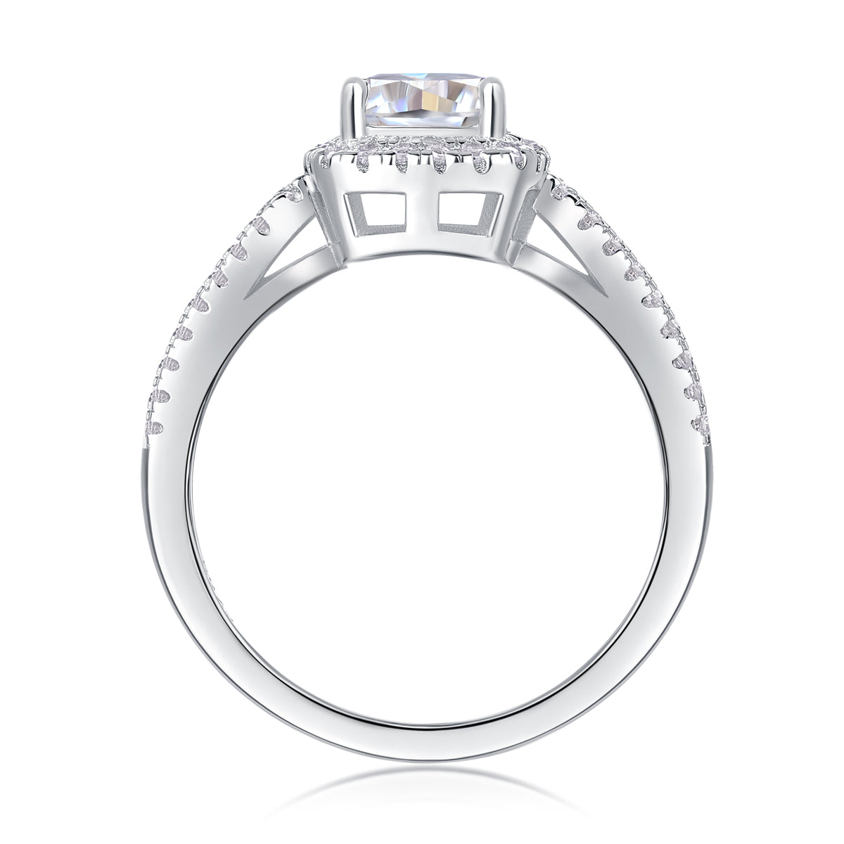 CARISSIE cushion moissanite halo ring bottom view, revealing gallery structure and inner band smoothness for comfort