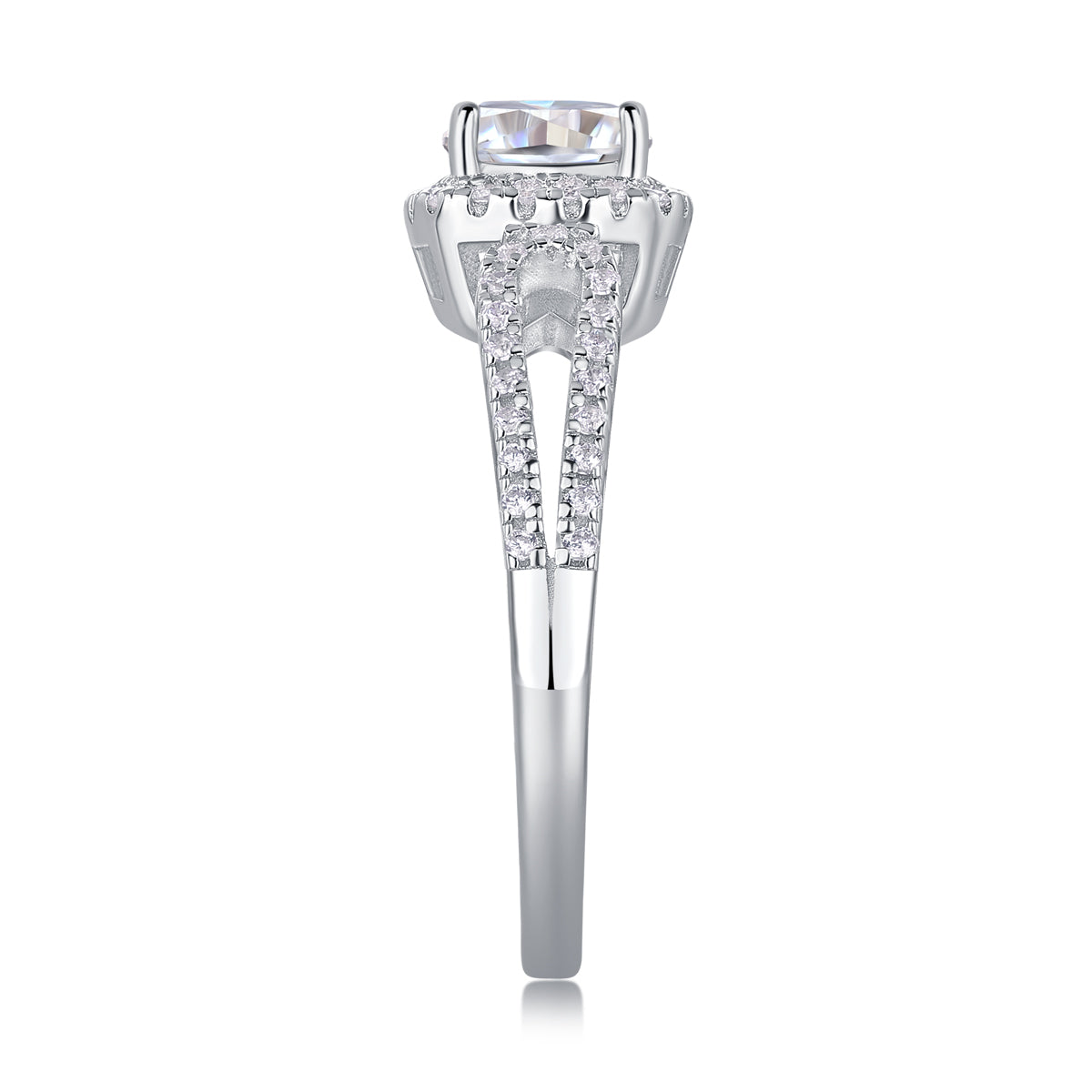 CARISSIE cushion moissanite halo ring top-down view, emphasizing the open split shank design and pavé accent stones