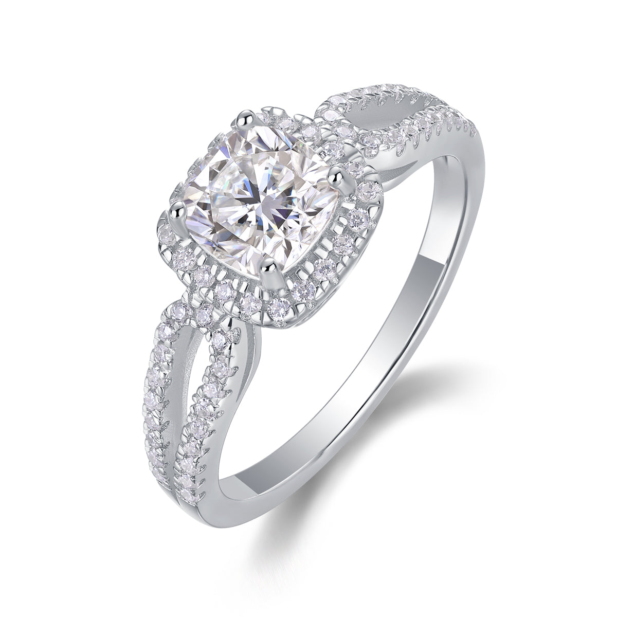 CARISSIE cushion moissanite halo ring angled view, showcasing 6mm center stone brilliance and intricate prong setting details
