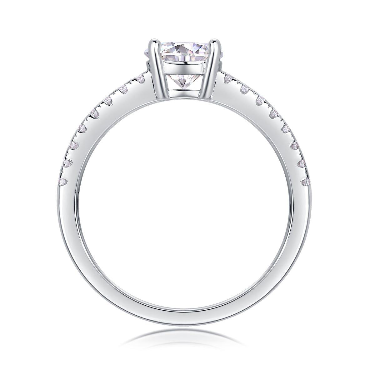 CARISSIE round moissanite solitaire ring interior profile, revealing smooth metal band finish and underside of prong structure