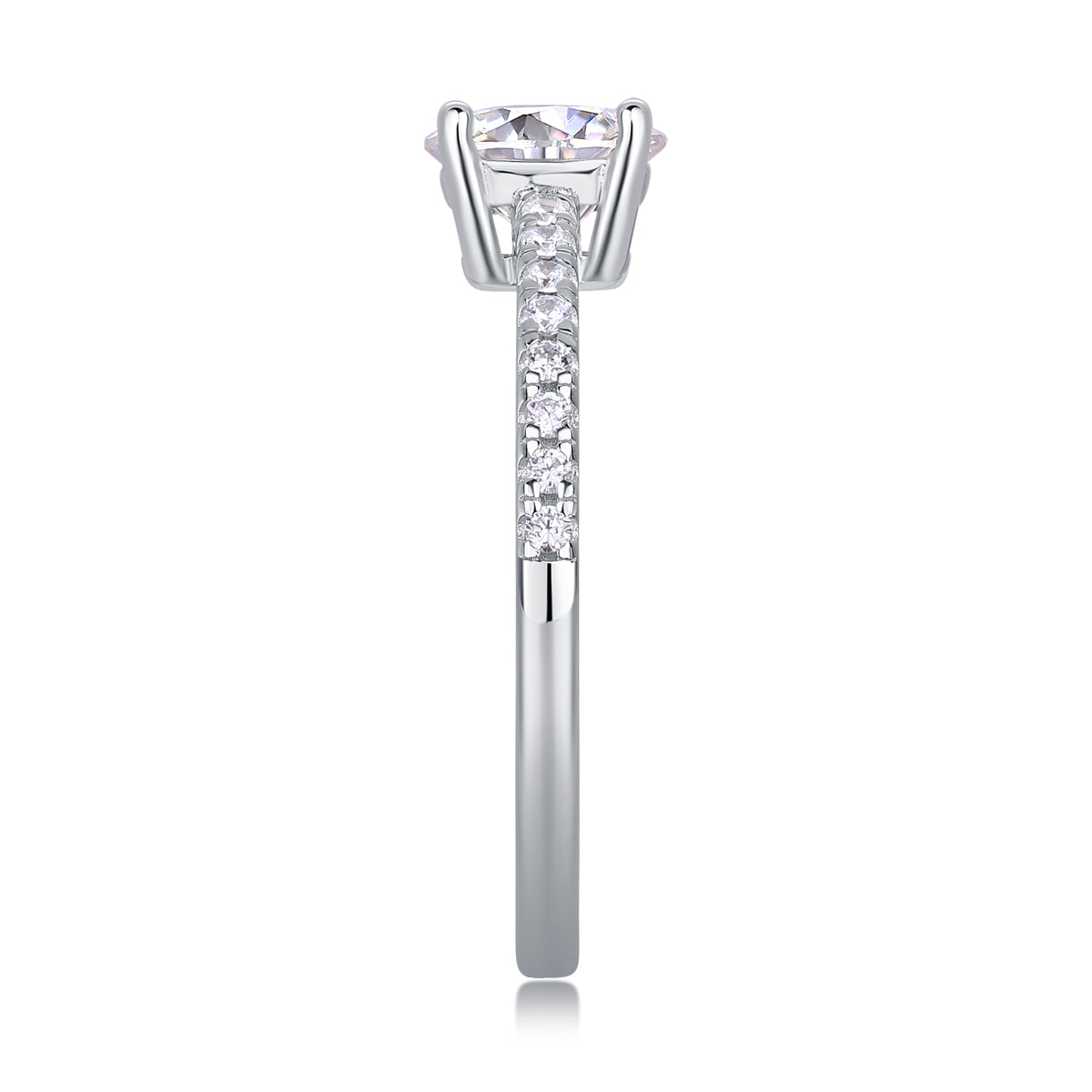 CARISSIE round moissanite solitaire ring side profile, emphasizing the straight line of pavé stones leading to the gallery rail