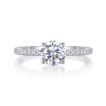 CARISSIE round moissanite solitaire ring front view, showcasing four-prong setting and symmetrical arrangement of side stones