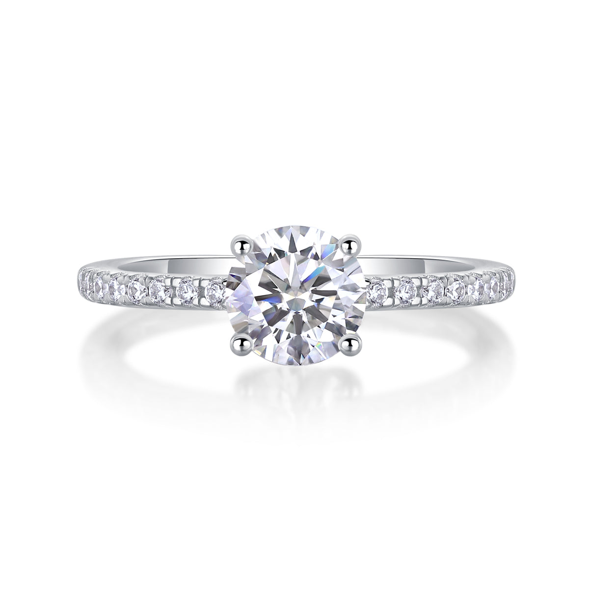 CARISSIE round moissanite solitaire ring front view, showcasing four-prong setting and symmetrical arrangement of side stones
