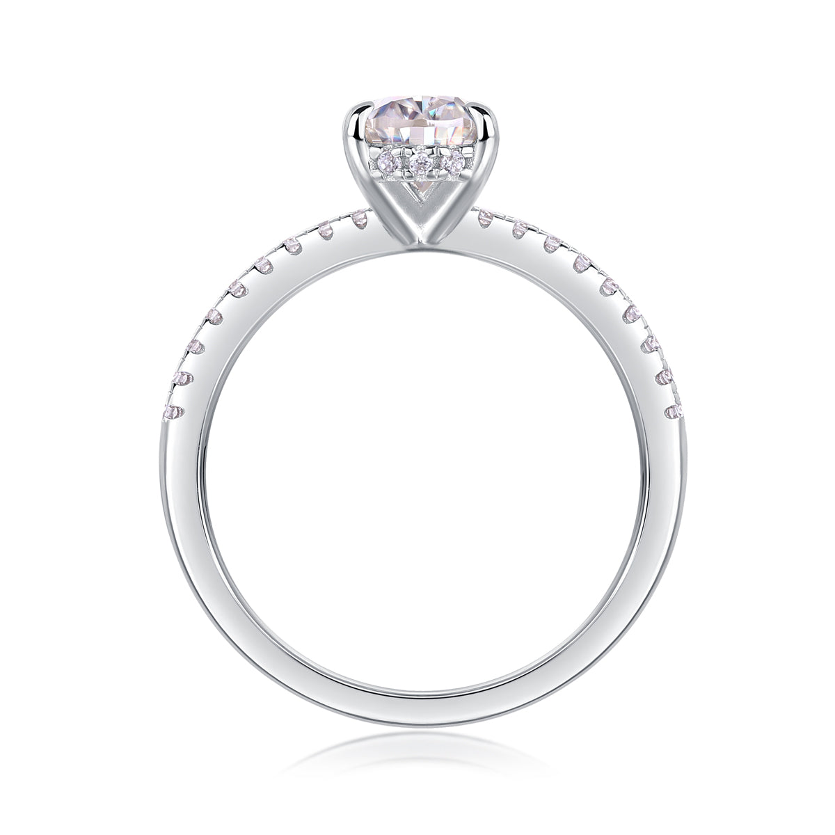CARISSIE pear moissanite solitaire ring top-down view, revealing inner band details and stone arrangement