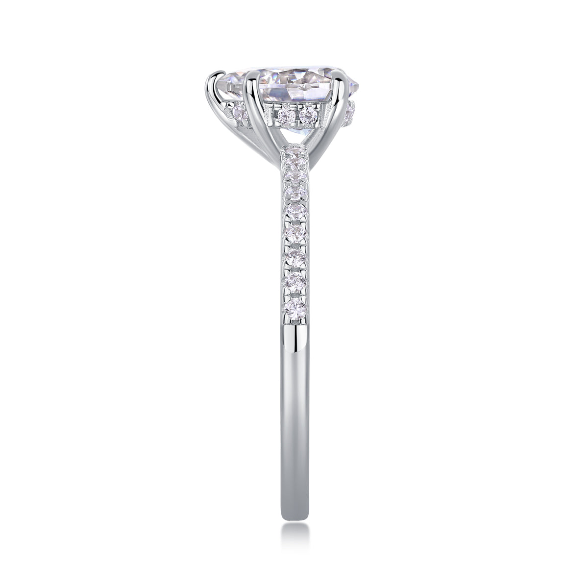 CARISSIE pear moissanite solitaire ring side profile, showing tapered band thickness and accent stones