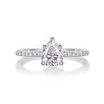 CARISSIE pear moissanite solitaire ring direct angle, showcasing four-prong setting and brilliant cut facets