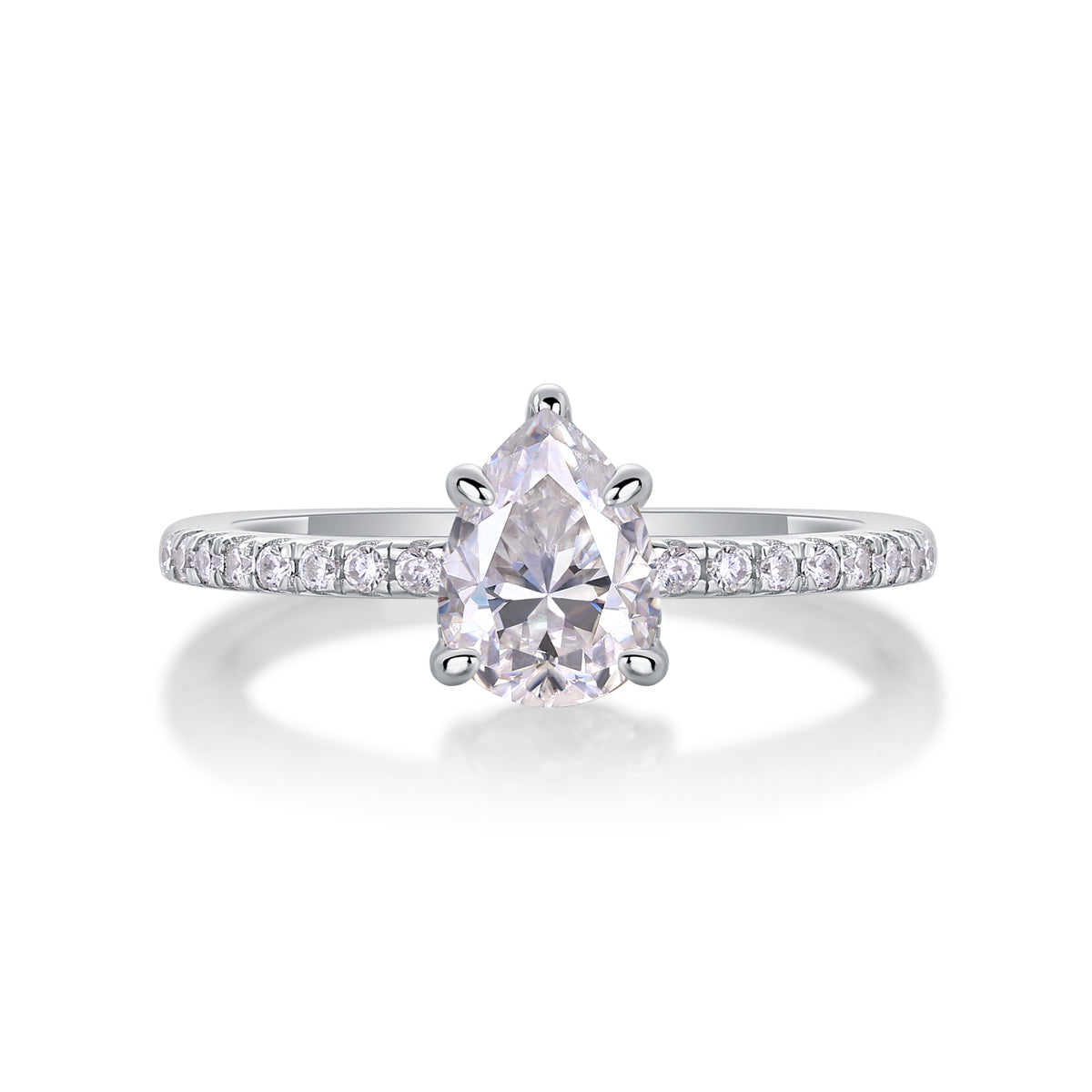 CARISSIE pear moissanite solitaire ring direct angle, showcasing four-prong setting and brilliant cut facets