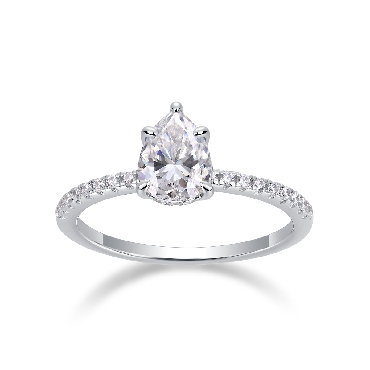 CARISSIE pear moissanite solitaire ring front view, highlighting large center stone and diamond-encrusted band