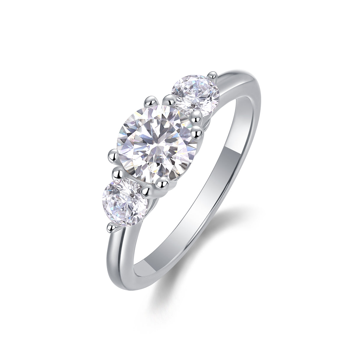 CARISSIE round moissanite solitaire ring, angled view highlighting the central stone and bead prongs on a polished silver band