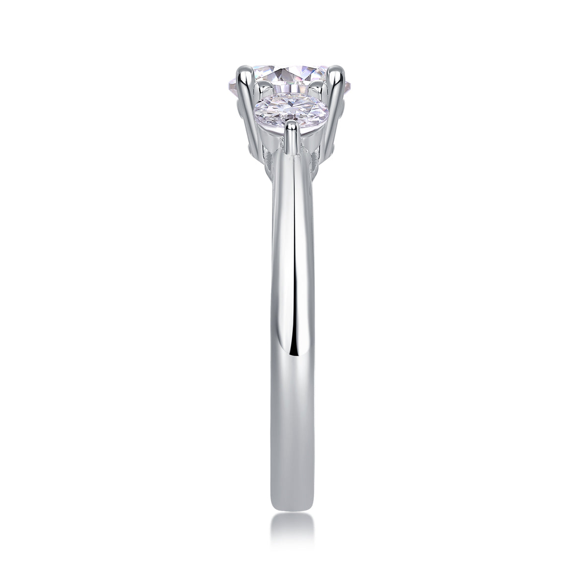 CARISSIE round moissanite solitaire ring, side profile emphasizing the height of the prong setting and sleek metal finish
