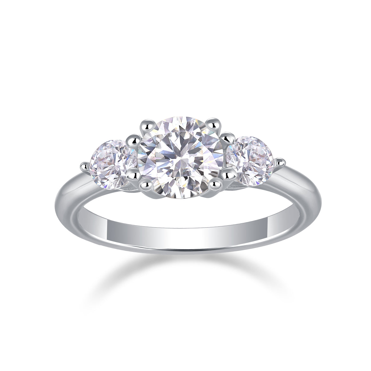 CARISSIE round moissanite solitaire ring, front view displaying the three-stone arrangement with brilliant-cut center gem