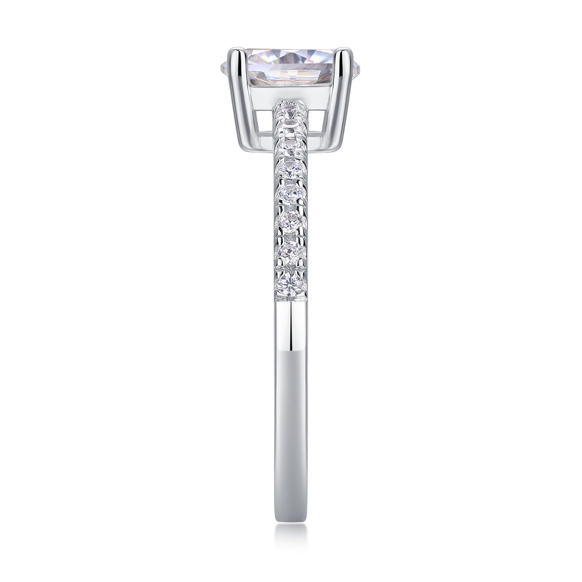 CARISSIE oval moissanite solitaire ring side profile view emphasizing the height of the setting and delicate pave details