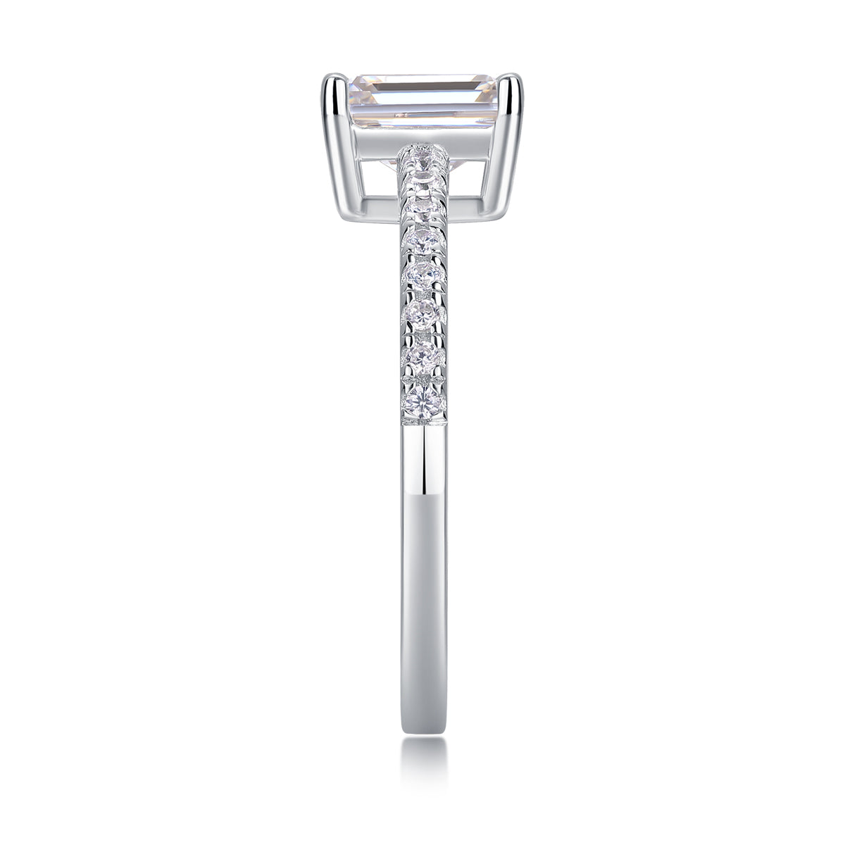 CARISSIE emerald cut ring side profile, revealing smooth polished shank transitioning to pave-set section