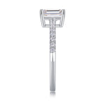 CARISSIE emerald cut ring side profile, revealing smooth polished shank transitioning to pave-set section