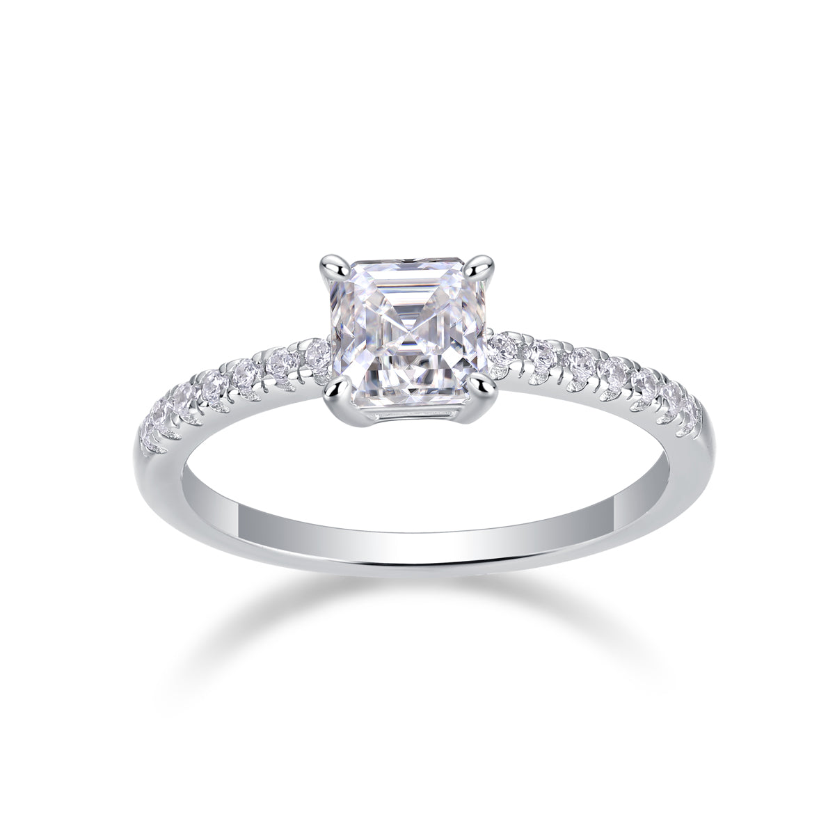 CARISSIE Asscher solitaire engagement ring front view, showcasing the symmetrical square stone and round accent stones in white metal