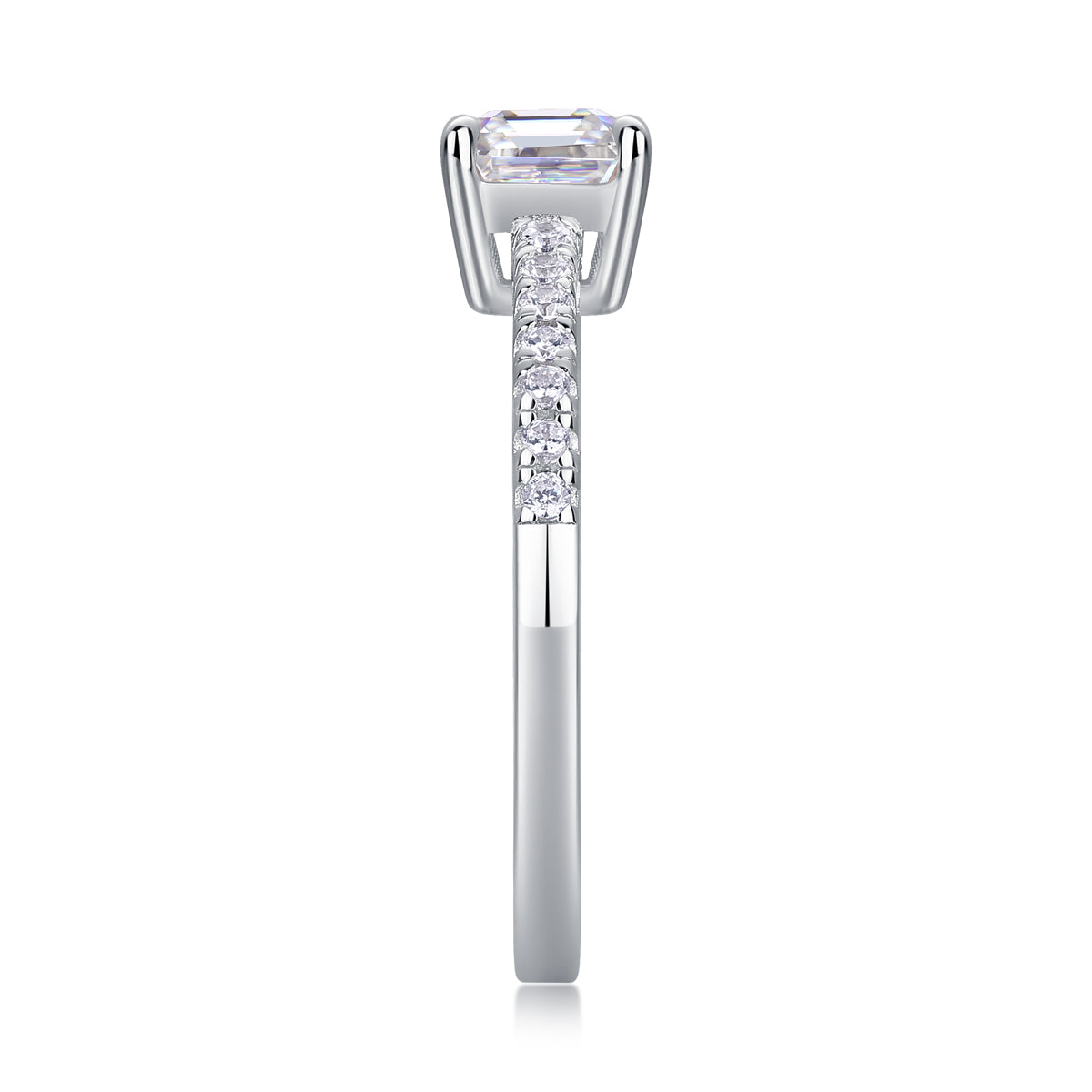 CARISSIE Asscher solitaire engagement ring top-down profile, emphasizing the height of the center stone and row of pavé diamonds