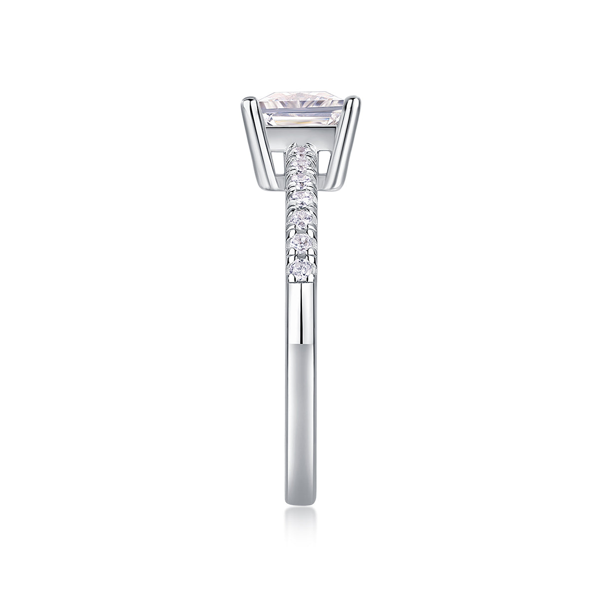 CARISSIE square diamond ring side profile, emphasizing elevated head design and row of small accent stones