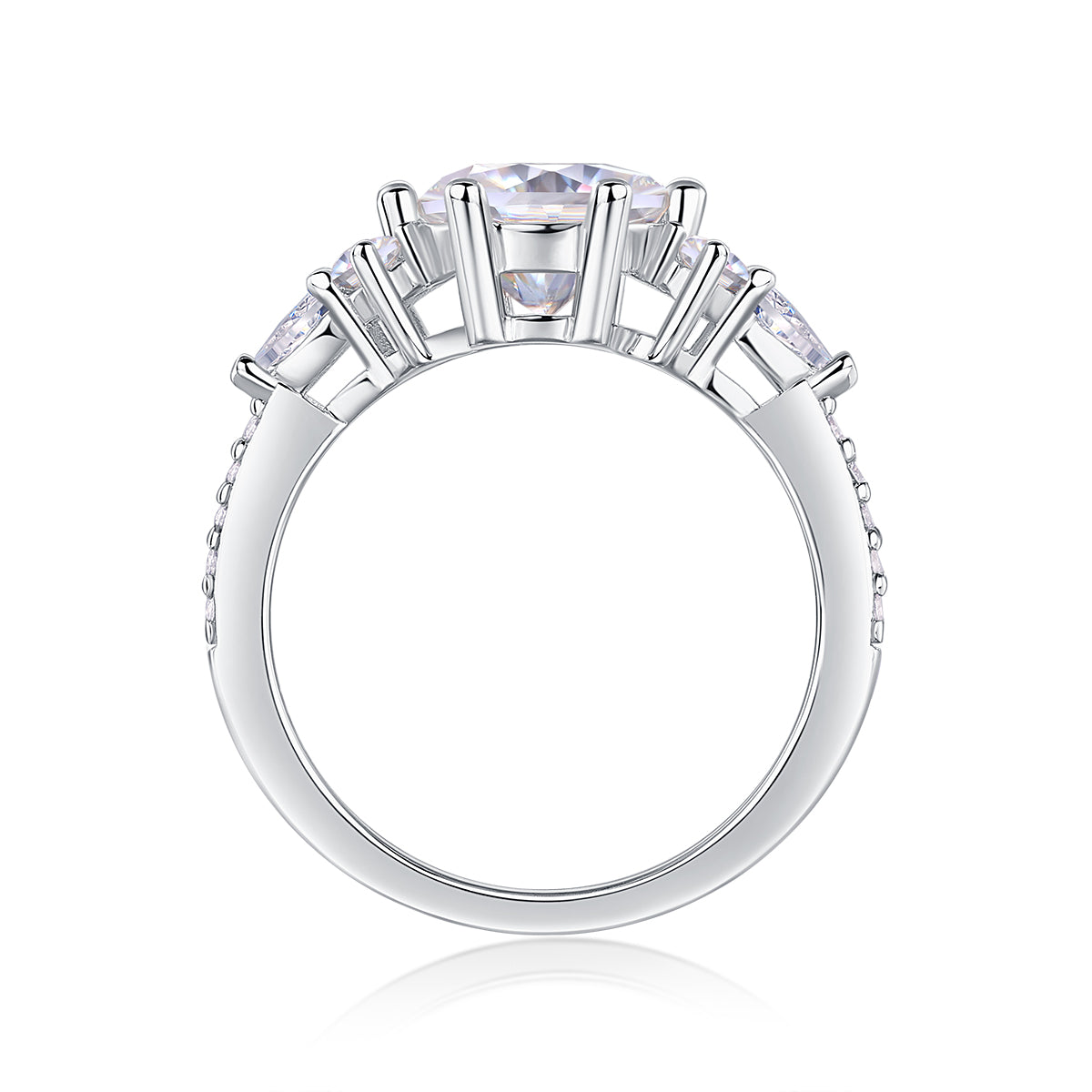 CARISSIE round moissanite solitaire ring bottom view, featuring open gallery work and prong construction