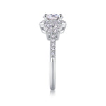 CARISSIE round moissanite halo engagement ring side profile, emphasizing tapered shank and pave stone alignment