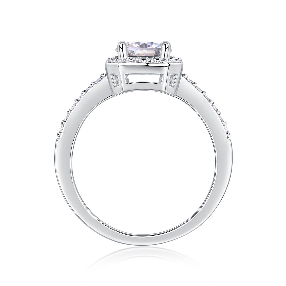 CARISSIE engagement ring bottom view, illustrating smooth inner band finish and secure prong structure holding the gemstone