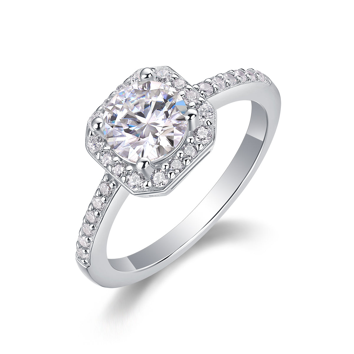 CARISSIE moissanite engagement ring angled view, displaying brilliant cut center stone, sharp octagonal halo, and diamond-studded band