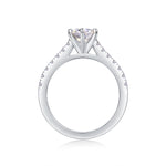 CARISSIE round moissanite solitaire ring, side profile displaying the high-profile gallery and inner band details