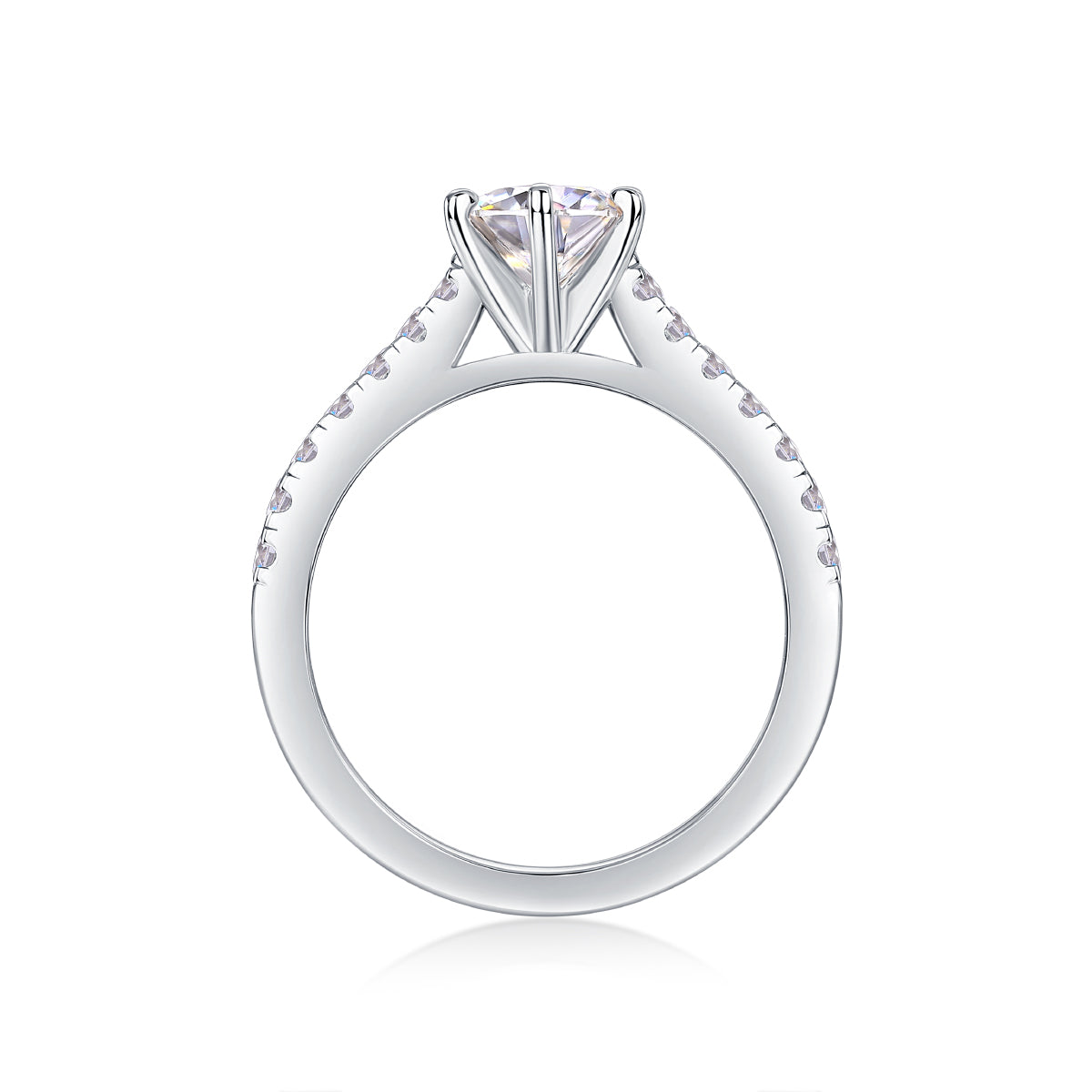 CARISSIE round moissanite solitaire ring, side profile displaying the high-profile gallery and inner band details