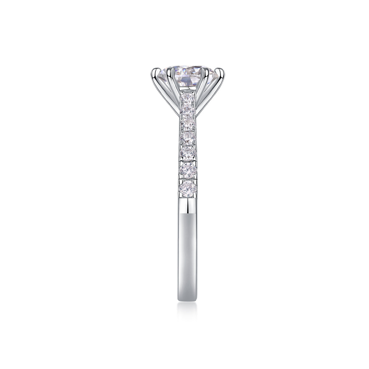 CARISSIE round moissanite solitaire ring, vertical angle showcasing the tapered shank and pave accent stones