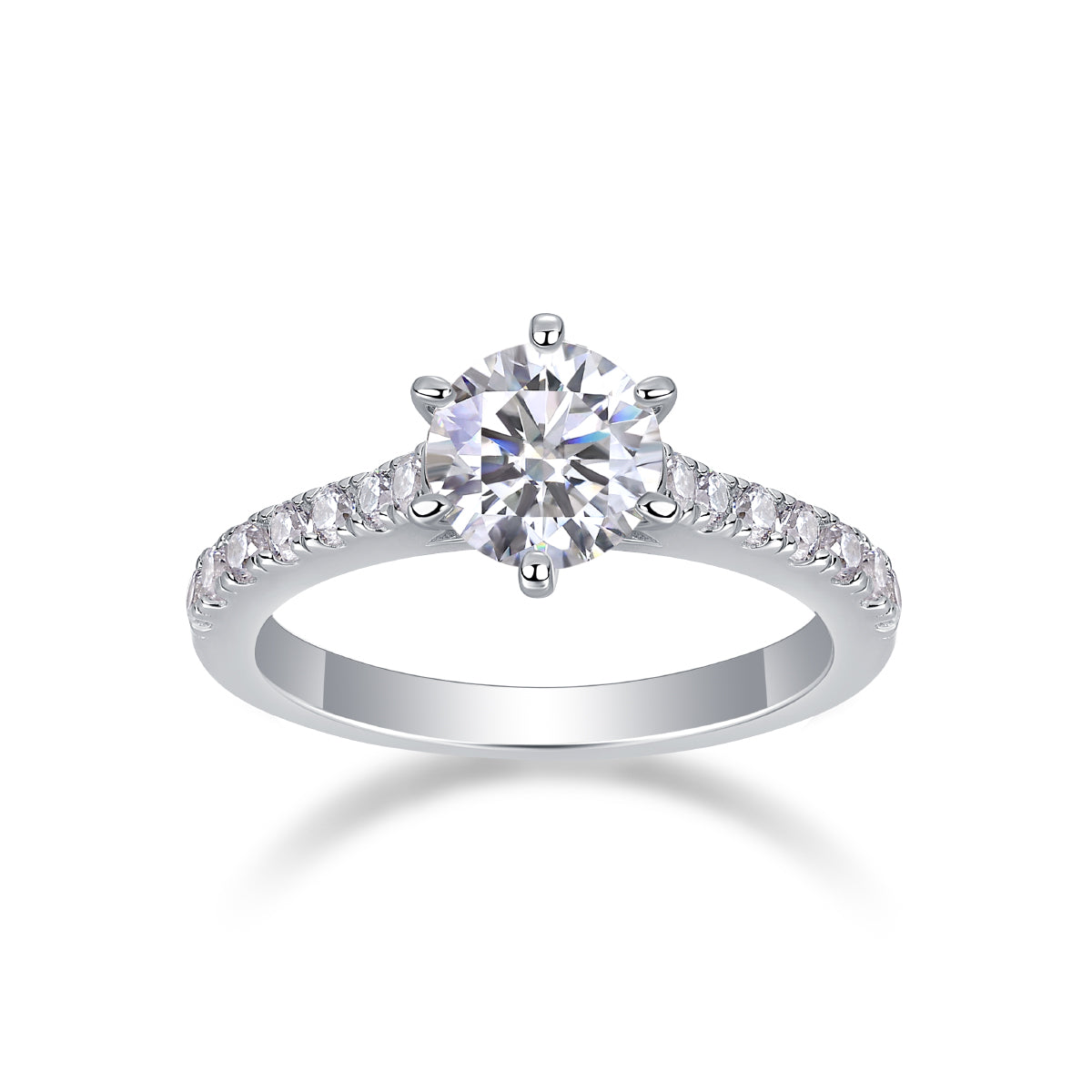 CARISSIE round moissanite solitaire ring, front view highlighting the brilliant center stone and silver-tone metal