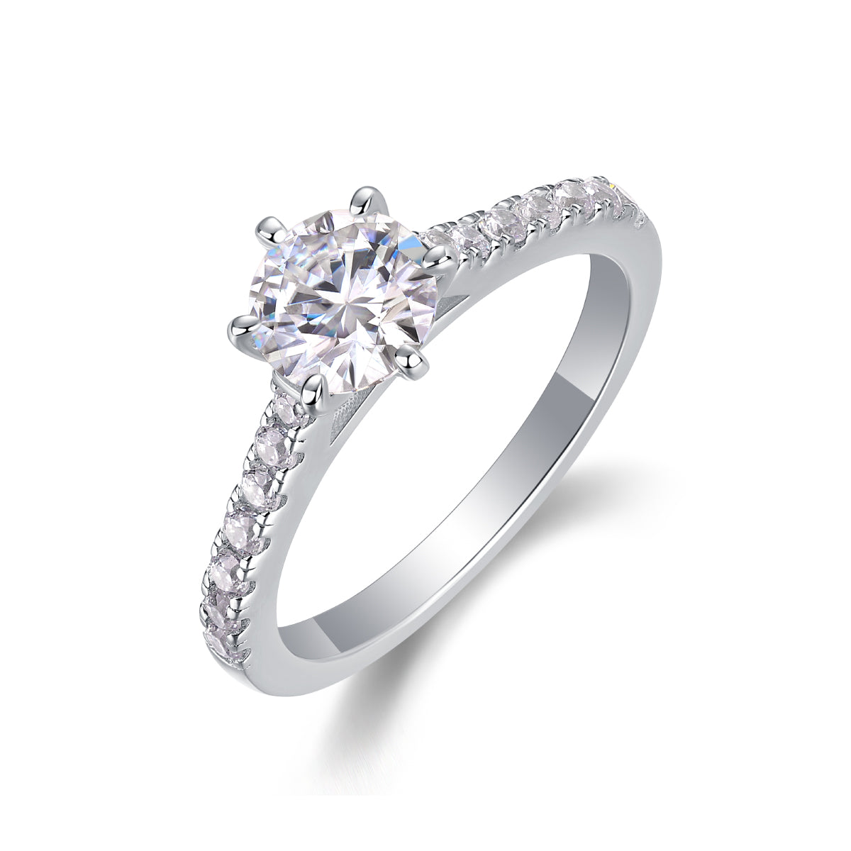 CARISSIE round moissanite solitaire ring, angled view showing six prong setting and pavé diamond band