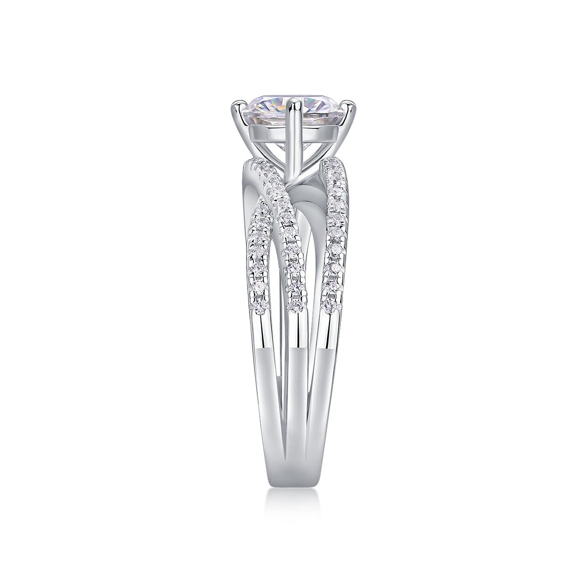 CARISSIE round moissanite solitaire ring vertical side profile, emphasizing the height of the four-prong basket setting