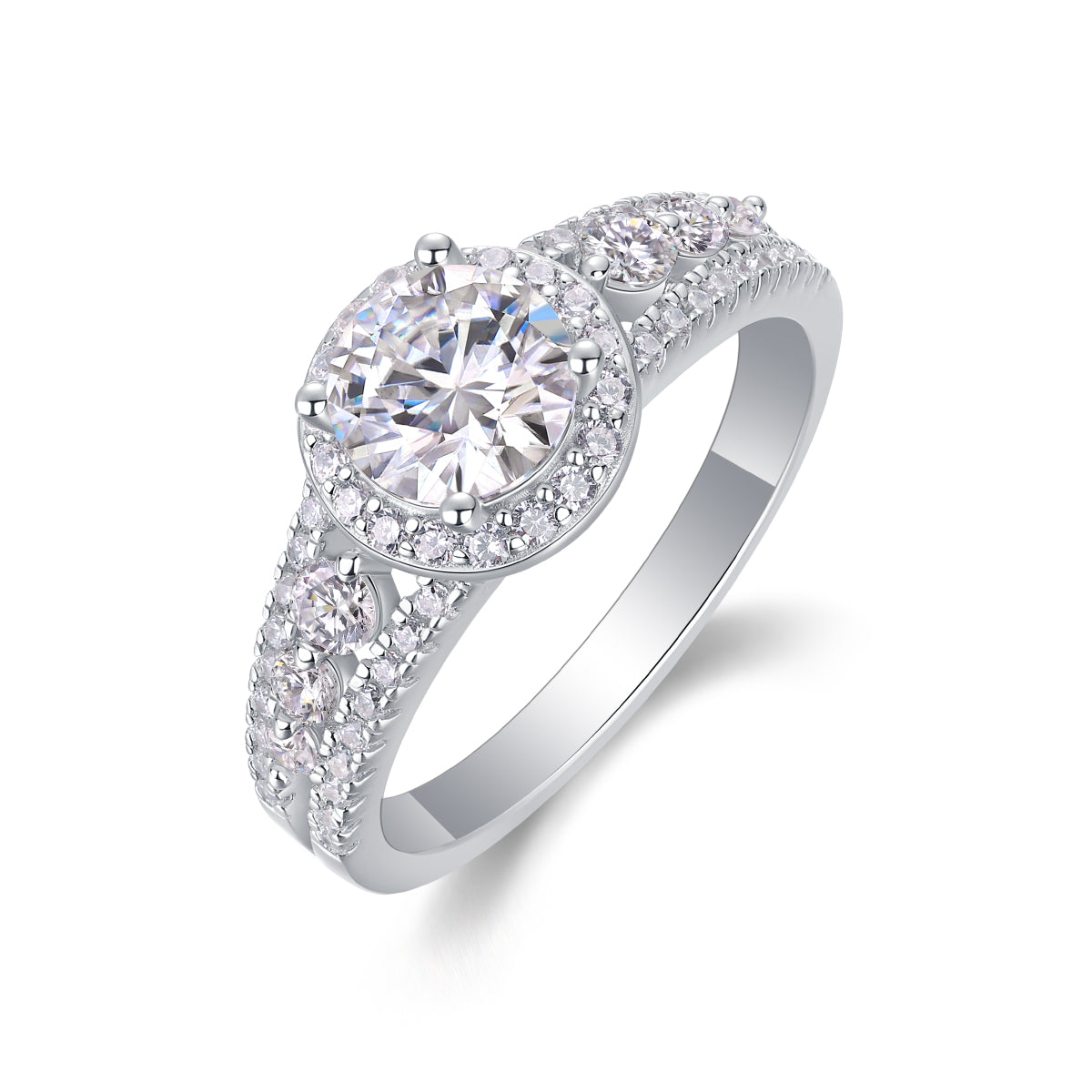CARISSIE round moissanite solitaire ring, angled view showing split shank band with bezel-set accent stones and halo