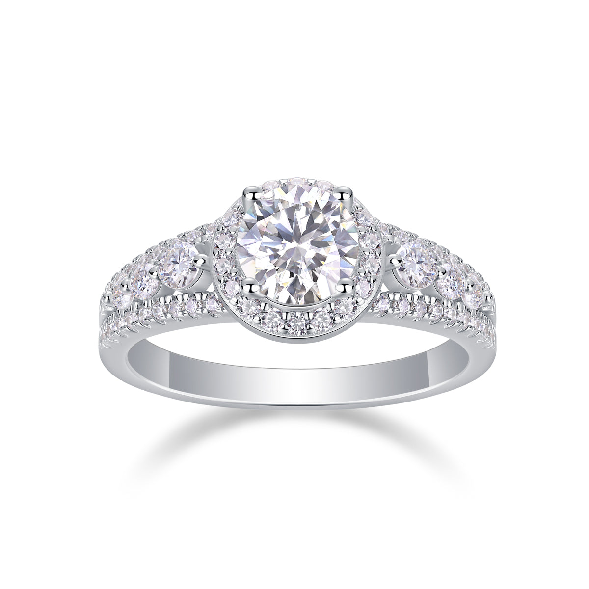 CARISSIE round moissanite solitaire ring, front view highlighting the brilliant center stone surrounded by a pavé halo