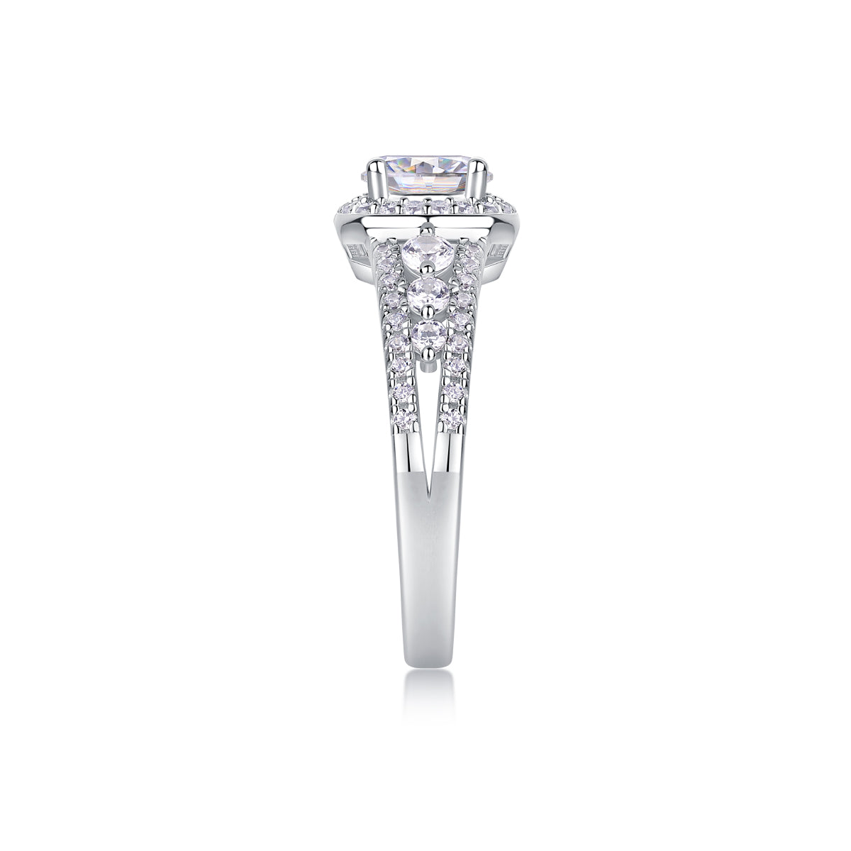 CARISSIE round moissanite solitaire ring, side profile revealing the height of the center stone and tapered split shank design