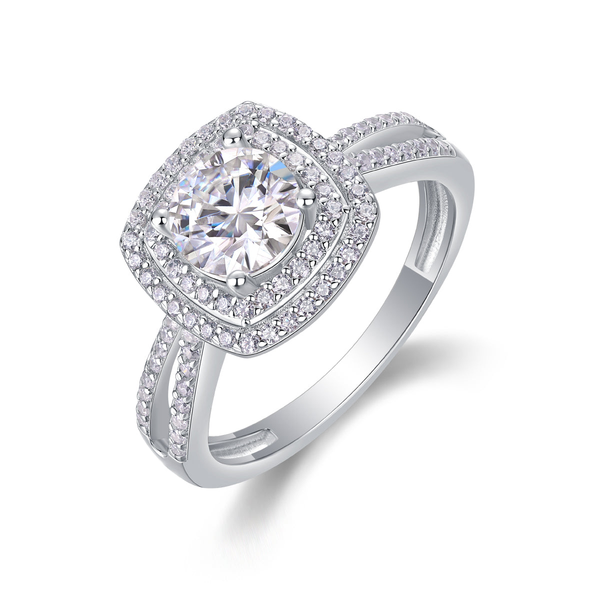 CARISSIE round moissanite halo ring, angled view highlighting the cushion-shaped double halo and pavé split shank band