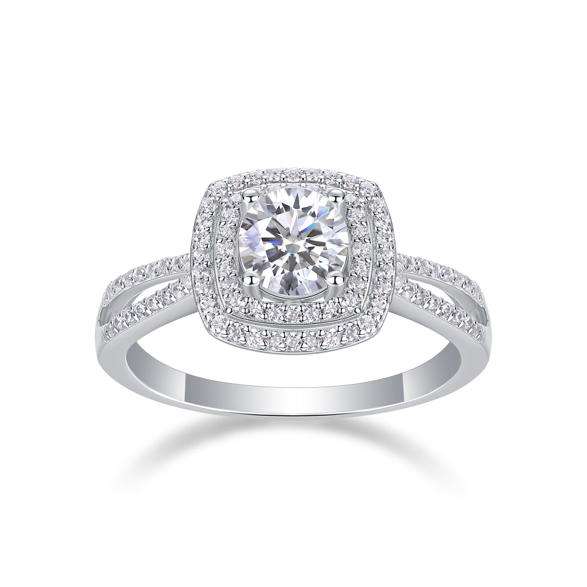 CARISSIE round moissanite halo ring, direct front view showcasing the brilliant center stone and symmetrical square halos