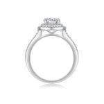 CARISSIE round moissanite halo ring, side profile revealing the prong setting height and inner band structure