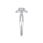 CARISSIE round moissanite halo ring, top-down angle emphasizing the open split shank design with pave-set stones