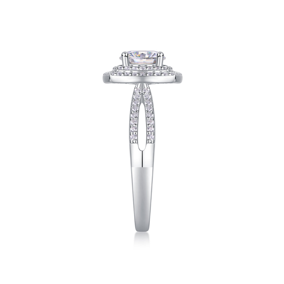 CARISSIE round moissanite halo ring, top-down angle emphasizing the open split shank design with pave-set stones