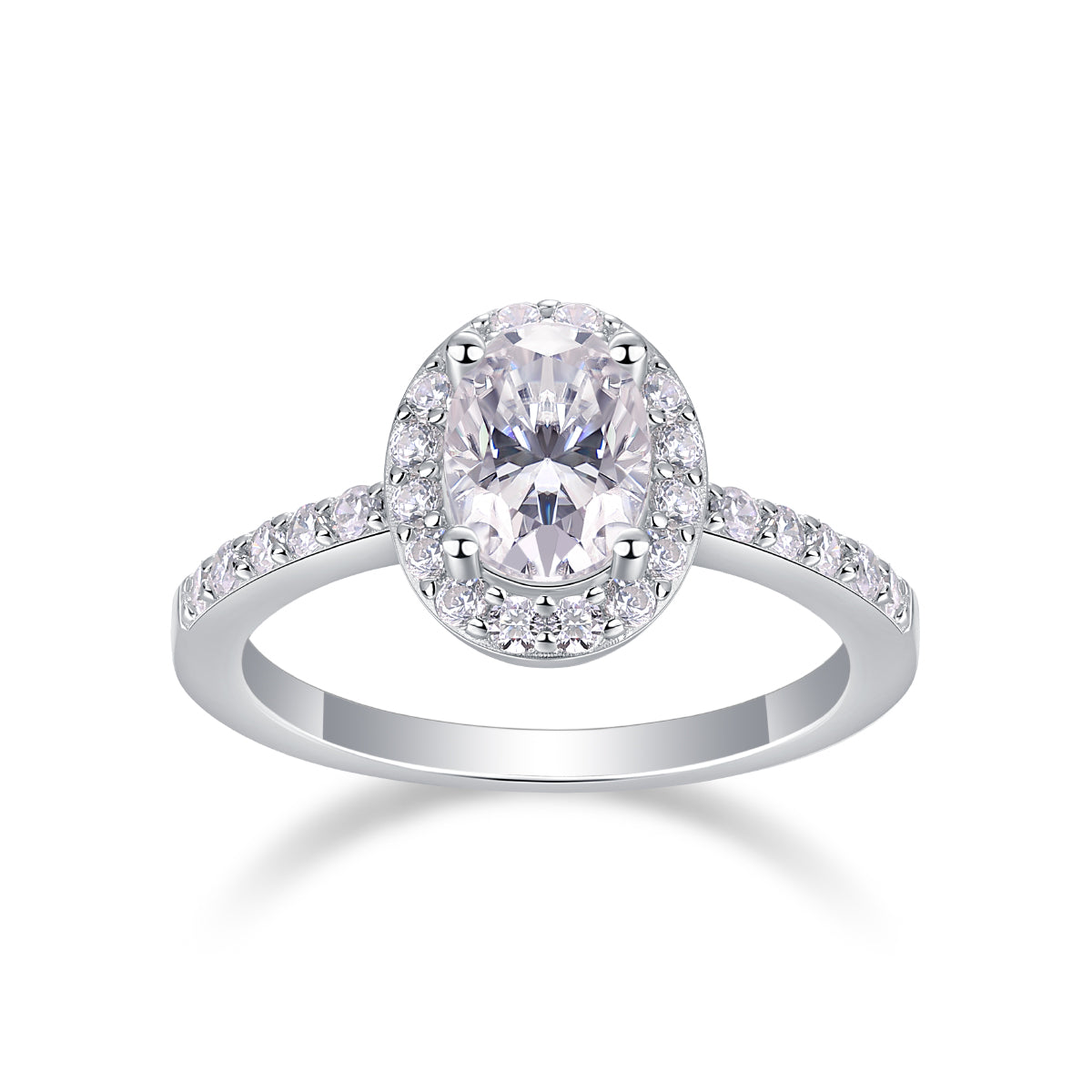 CARISSIE oval moissanite halo engagement ring front view displaying symmetrical stone arrangement in white metal
