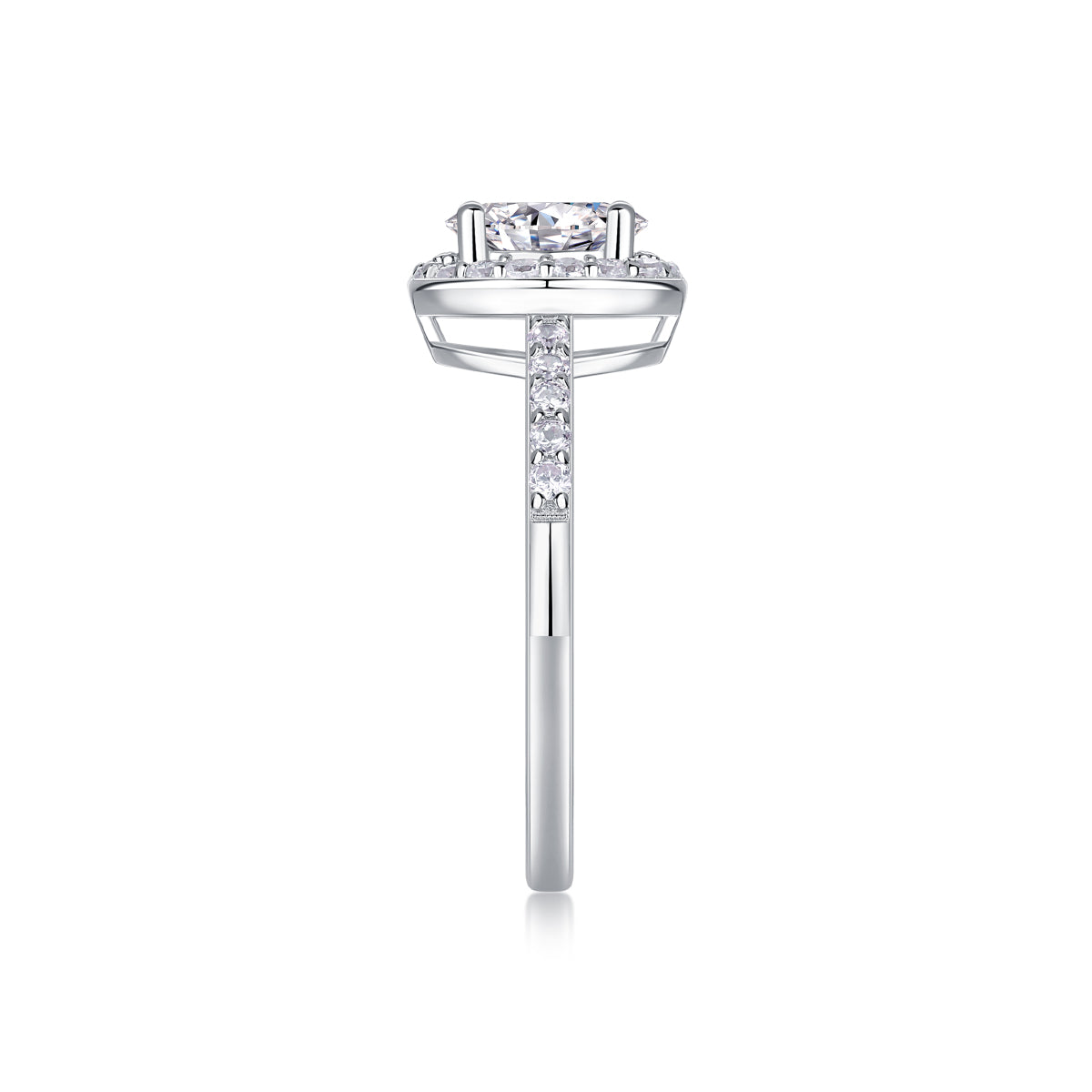 CARISSIE oval moissanite halo engagement ring vertical side view emphasizing pavé stones along the shank