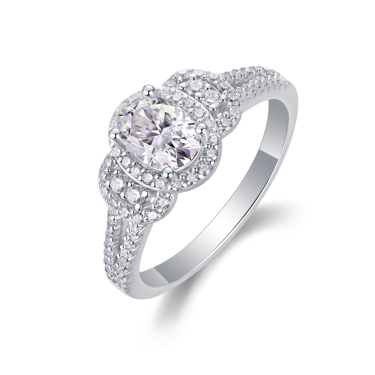 CARISSIE oval moissanite halo ring angled studio shot revealing prong setting and concentric diamond halos