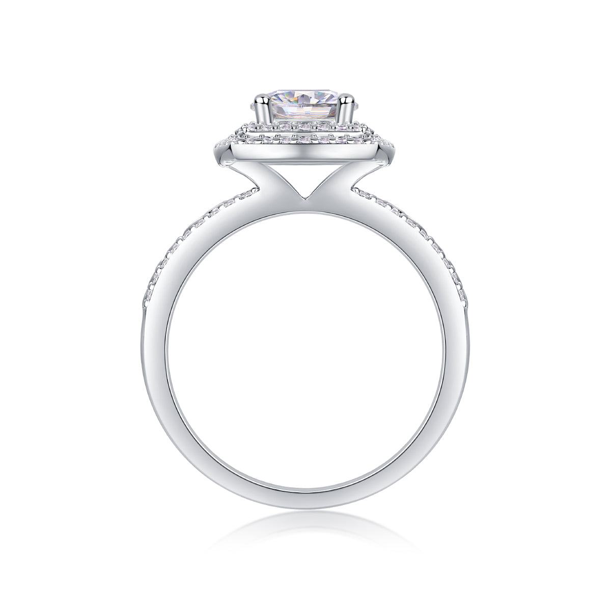 CARISSIE round moissanite halo engagement ring, interior view revealing smooth white metal finish and inner band details