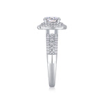 CARISSIE round moissanite halo engagement ring, side profile displaying the gallery rail and tapered shank design