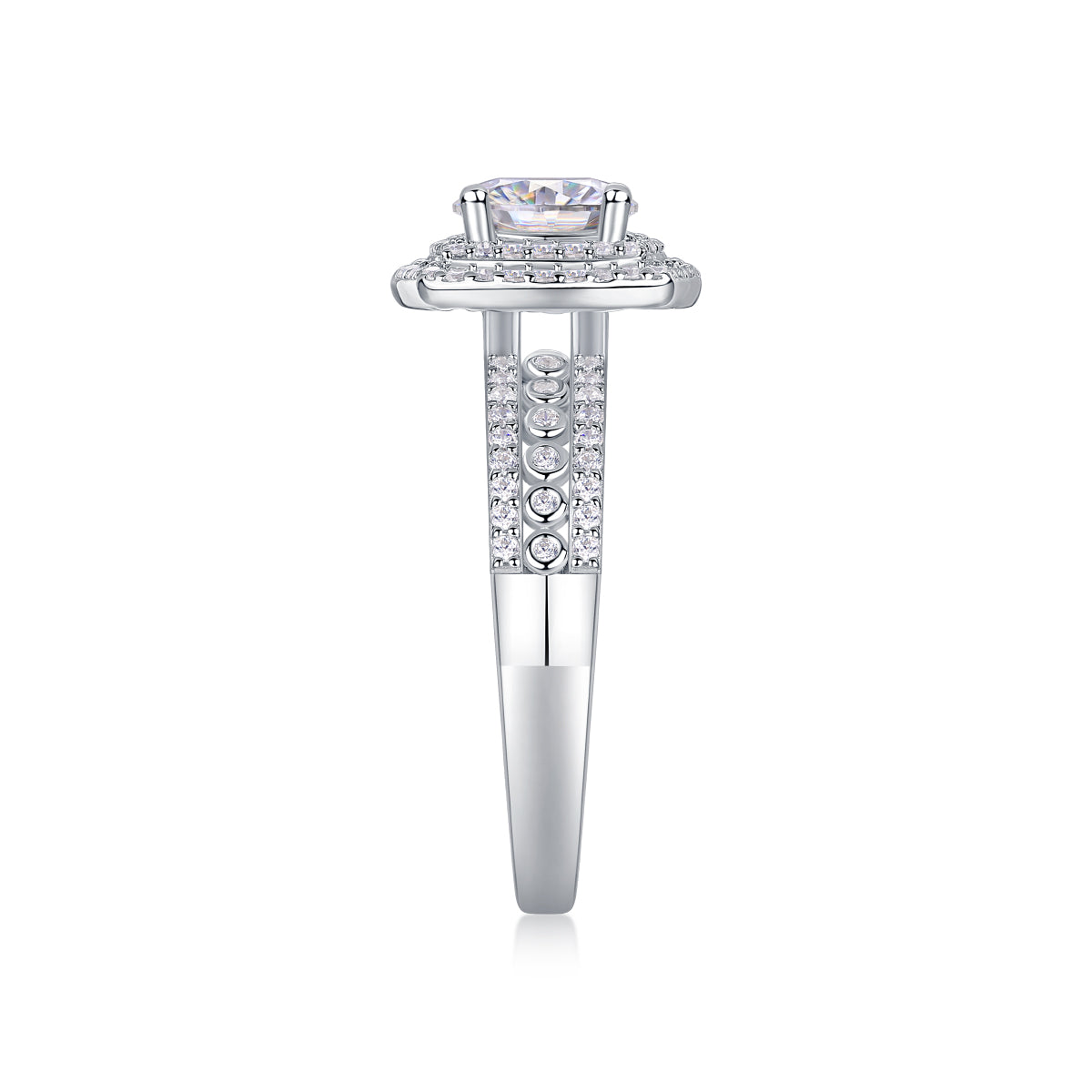 CARISSIE round moissanite halo engagement ring, side profile displaying the gallery rail and tapered shank design