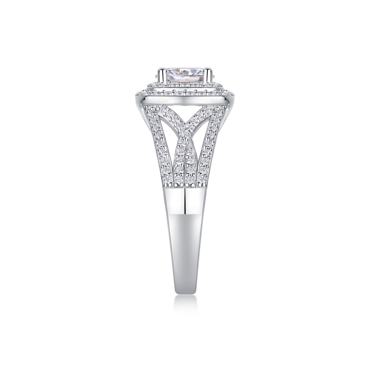 CARISSIE round moissanite solitaire ring, top-down angle displaying intricate pavé strands and geometric details
