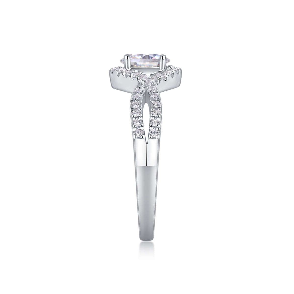 CARISSIE oval moissanite ring side profile, revealing tapered band and height of the split shank structure