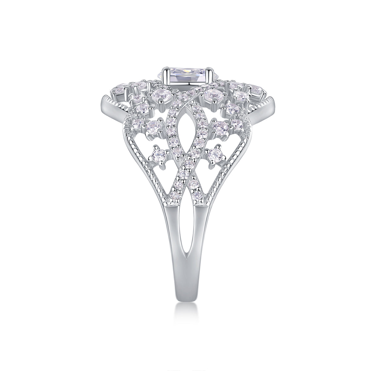 CARISSIE oval moissanite solitaire ring, side profile emphasizing the substantial tapered band and regal crest silhouette